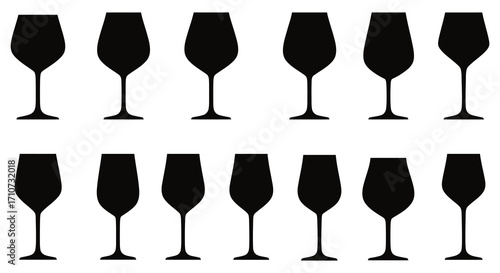A collection of black silhouette wine glasses in varying shapes and sizes