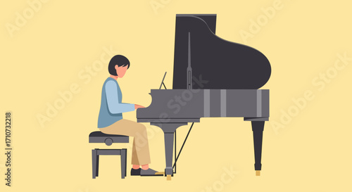 Side view illustration of a dedicated pianist playing a grand piano, a conceptual depiction of musical artistry and hobby