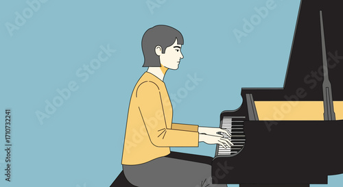 Pensive Pianist A Simple Illustration of a Musician Playing a Grand Piano