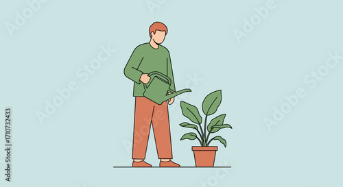 Man watering a houseplant in a pot, a vector illustration representing gardening and home care