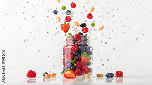 Conceptual image of vitality: dynamic explosion of supplements and fresh fruit, frozen in mid-air, vivid colors