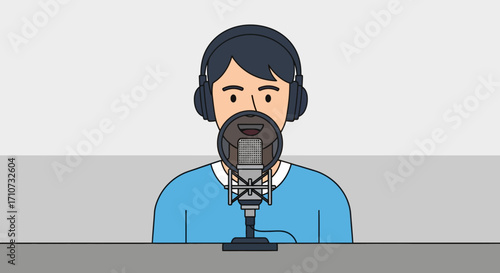 Cartoon Person with Headset and Microphone in Flat Vector Style