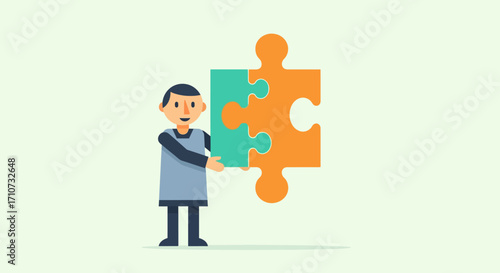 Illustration of a man holding two puzzle pieces in the process of connecting them together, symbolizing teamwork and problem-solving