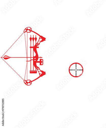 Digital art in the style of a schematic: a red bow and arrow aiming at a red target on a white background.
