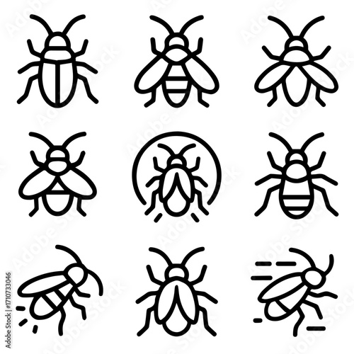 Nine Stylized Insect Icons Depicting Various Bugs and Beetles in Bold Lines.