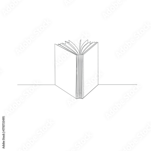 Open book with fanned pages continuous line drawing isolated on the white background