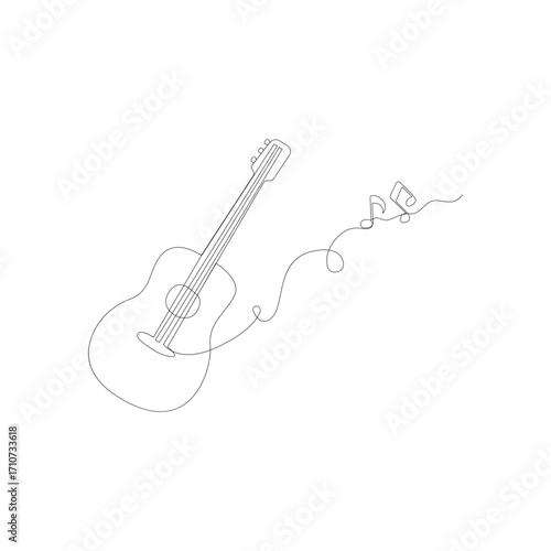 Single line drawing acoustic guitar with musical notes isolated on the white background