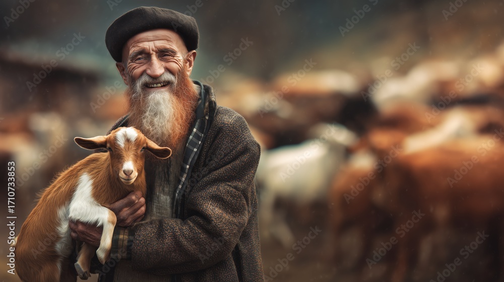 Obraz premium Smiling Old Shepherd Holding Goat in Rustic Countryside at Sunset