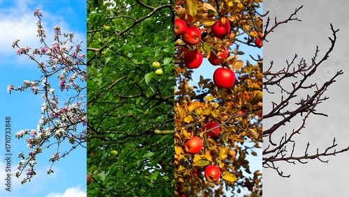 Four seasons collage showing spring summer autumn and winter apple tree cycle