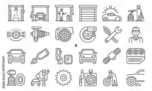 Set of 24 black and white automotive service and repair line art icons in 4x6 grid vector isolated design