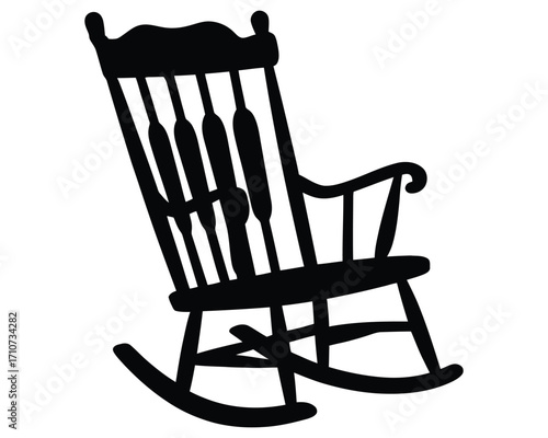 Classic wooden rocking chair silhouette. A simple vector icon graphic for furniture, home, and relaxation concepts, isolated on a white background