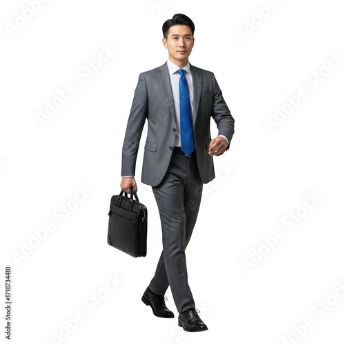 Professional man in suit carrying briefcase walking confidently isolated isolated on transparent background