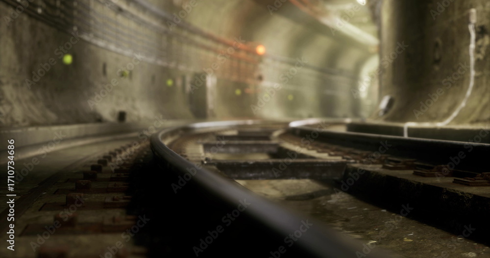 Obraz premium Curved rail tracks stretch into the darkness of a subterranean tunnel, with soft lighting illuminating the walls. The atmosphere feels quiet and isolated, hinting at the bustling activity above.