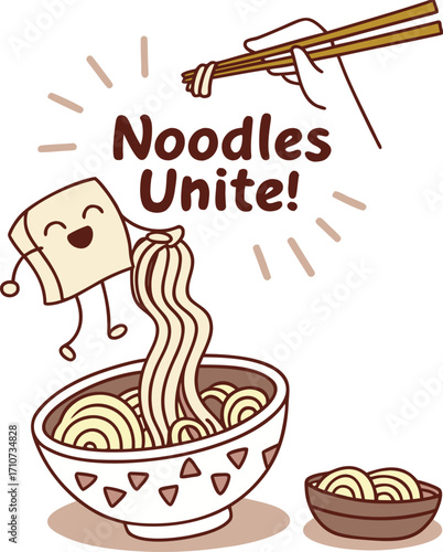 Happy tofu character with noodles and chopsticks food
