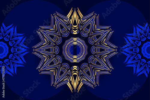Abstract deep blue mandala background with golden star motifs and glowing circular patterns