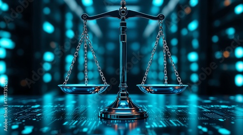 Digital law and justice concept with scales of justice on a futuristic technology background design