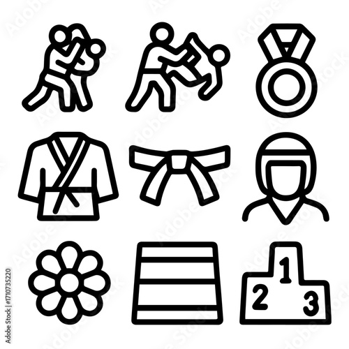 Simple Black Line Art Icons of Martial Arts and Competition.