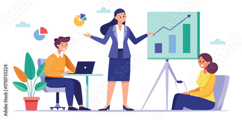 Business Workshop Concept. Vector cartoon illustration of a group of diverse people sitting at a table with a woman standing in front of them next to a board with stickers. Isolated on background