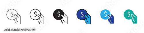 Money donation icon showing a hand giving a dollar coin for charity fundraising representing payment finance contribution and financial support. vector icon eps 10