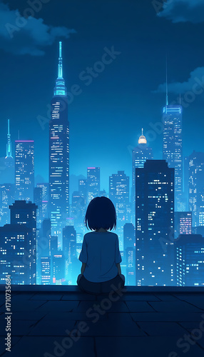 Young Girl Sitting on Rooftop Watching Bright Night City Skyline