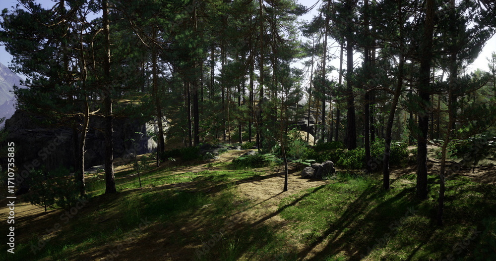 Obraz premium Soft rays of sunlight cascade across a serene forest, illuminating rich greenery and majestic pine trees. The peaceful setting invites relaxation and exploration in natures embrace.