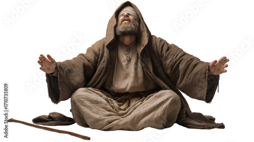 Blind man full body on transparent background, biblical beggar in dusty cloak sitting with outstretched hand, isolated New Testament figure PNG.