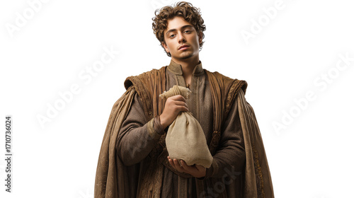 Young nobleman full body on transparent background, biblical rich ruler in elegant robe standing confidently, isolated New Testament character PNG.