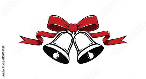 Festive red bow with two silver bells illustration a holiday season design