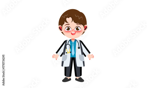 A cute cartoon illustration of a young doctor wearing a white coat and stethoscope, ready to help.