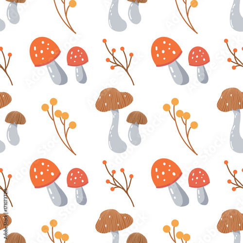 Mushroom pattern on a white background. Simple seamless background with fly agarics, porcini mushrooms, and wild berries, neutral vector pattern. Whimsical minimalist autumn pattern. Flat vector