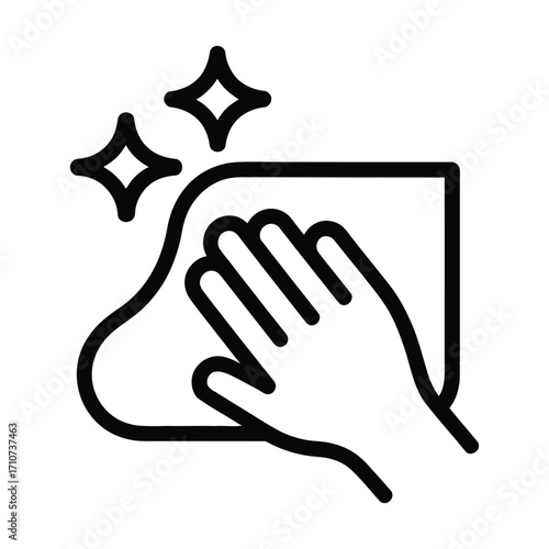 Minimalist cleaning or wiping action icon with hand and sparkle stars vector isolated in black and white