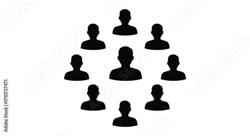 A group of nine silhouetted people arranged in a pyramid formation