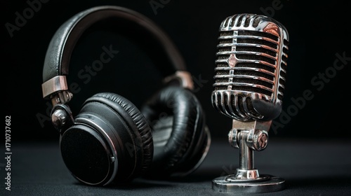 Podcasting essentials microphone and headphones setup for sound quality studio equipment showcase black background audio production