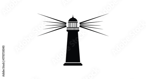 Simple black and white illustration of a lighthouse with radiating beams