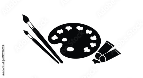 Black and white icon depicting painting tools brushes palette and paint