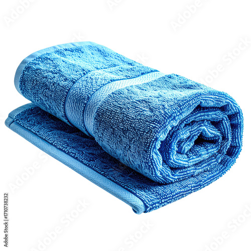 Rolled blue towel, soft texture, light blue trim