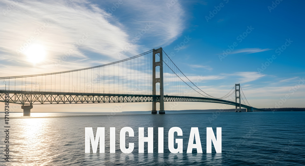 Obraz premium Michigan's Majestic Mackinac Bridge Under a Sunny Sky A Scenic View