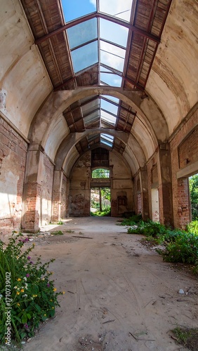 Abandoned interior of a large building with arched ceilings and skylights