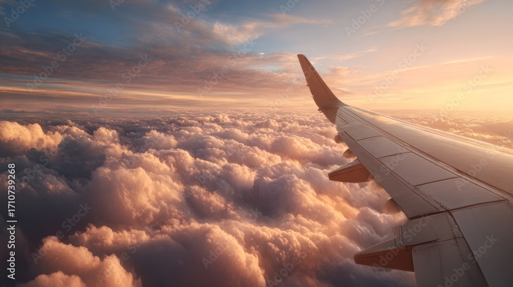 Obraz premium Airplane wing above clouds sunrise