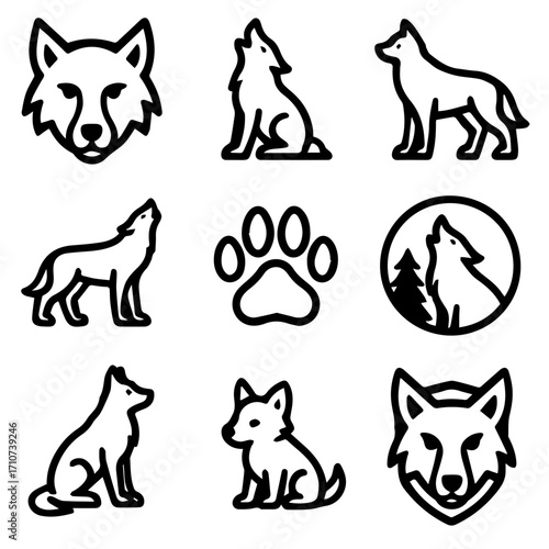 Stylized Black and White Wolf Icons Depicting Various Poses and Expressions.