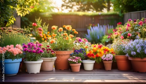Wallpaper Mural beautiful backyard garden full of colorful flowers in pots and containers selective focus Torontodigital.ca