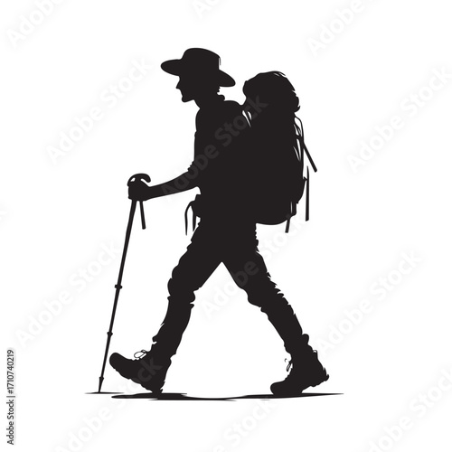 Hiker silhouette with backpack and walking stick