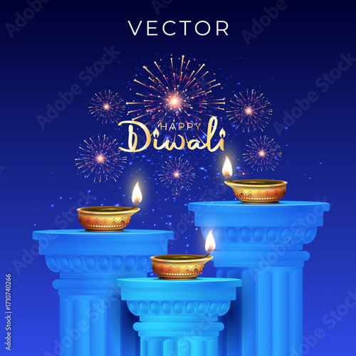 Happy Diwali. Vibrant traditional festive diya lights, fireworks and night background with podium design for product presentation.