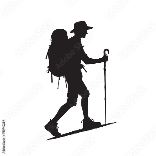 Hiker silhouette with backpack and walking stick