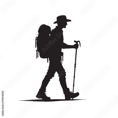Hiker silhouette with backpack and walking stick