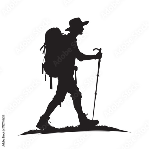 Hiker silhouette with backpack and walking stick
