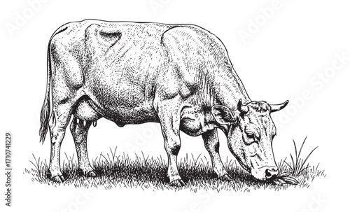 A Dairy Cow Grazing on Grass in a Field, Hand Drawn Vector Illustration of Farm Life in a Vintage Style