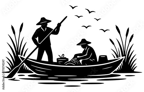 Fishermen in a Boat, Fishermen SVG, Fishing SVG, Boat SVG, Silhouette SVG