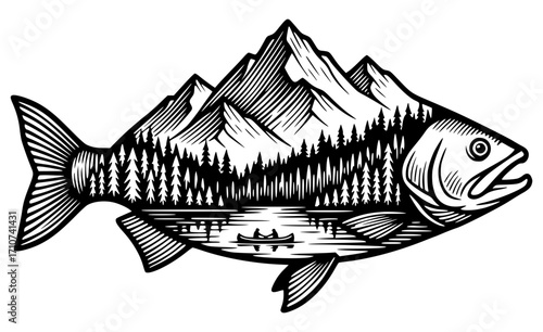 Forest and Mountains in a Fish Silhouette, Fishing SVG, Nature SVG, Outdoor SVG, Landscape SVG