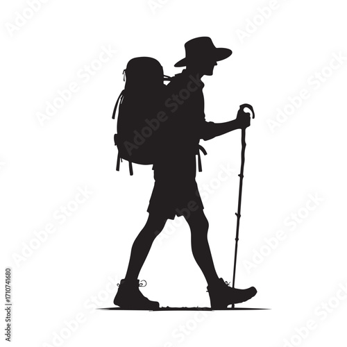Hiker silhouette with backpack and walking stick